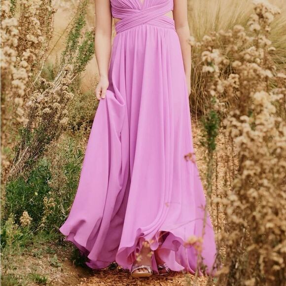 Lulus Vivid Imagination Lilac Pink Cutout Maxi Chiffon V Neck Dress Small NEW - Picture 9 of 16